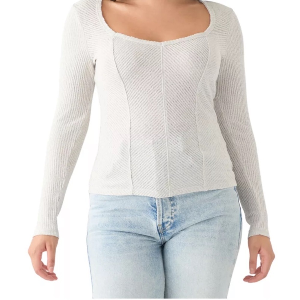 NWT XL Gray Long Sleeve Ribbed Knit Top Square Sweetheart Neckline Lightweight